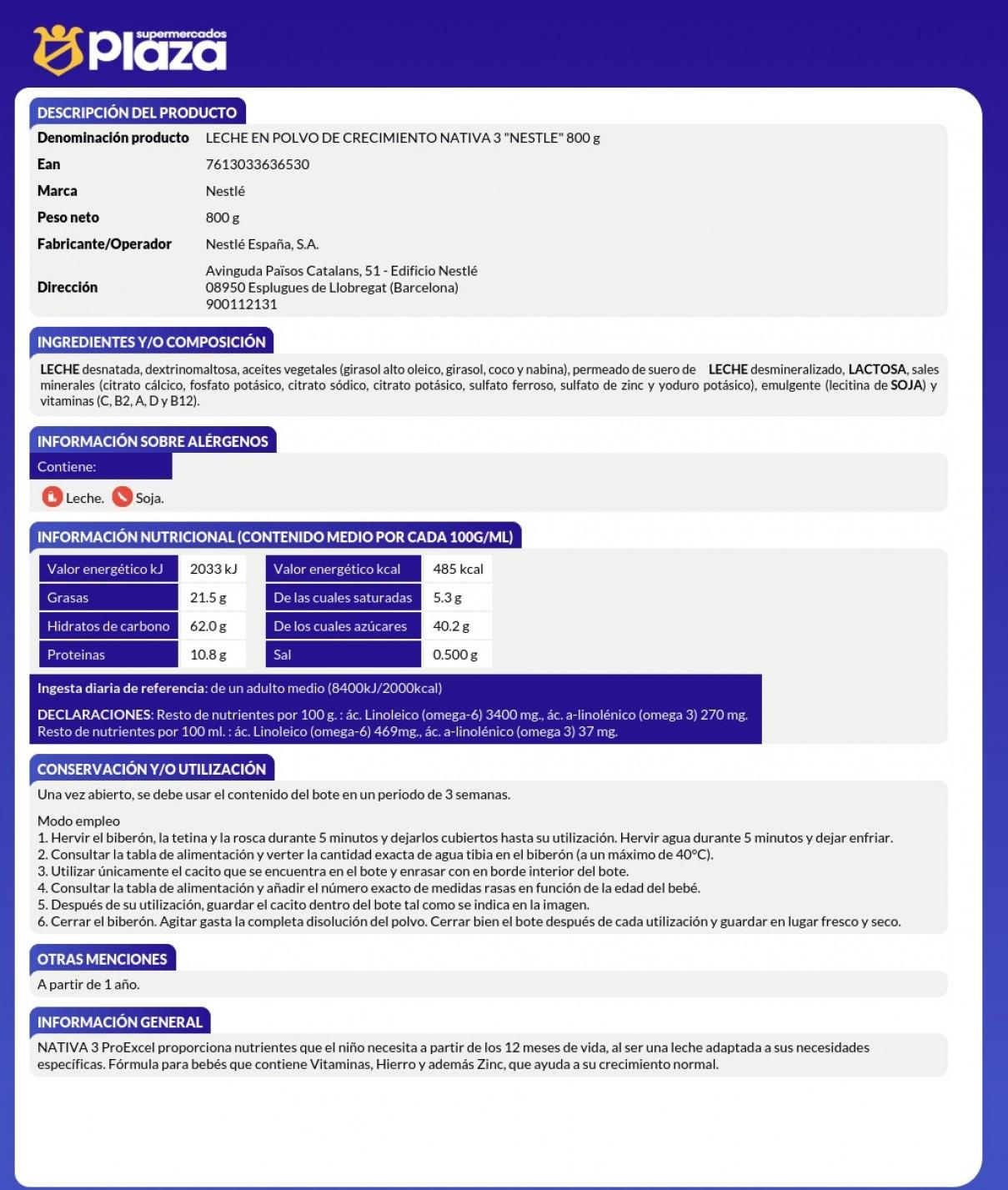 LECHE INFANTIL DE CRECIMIENTO 3, 800GR NESTLE NATIVA