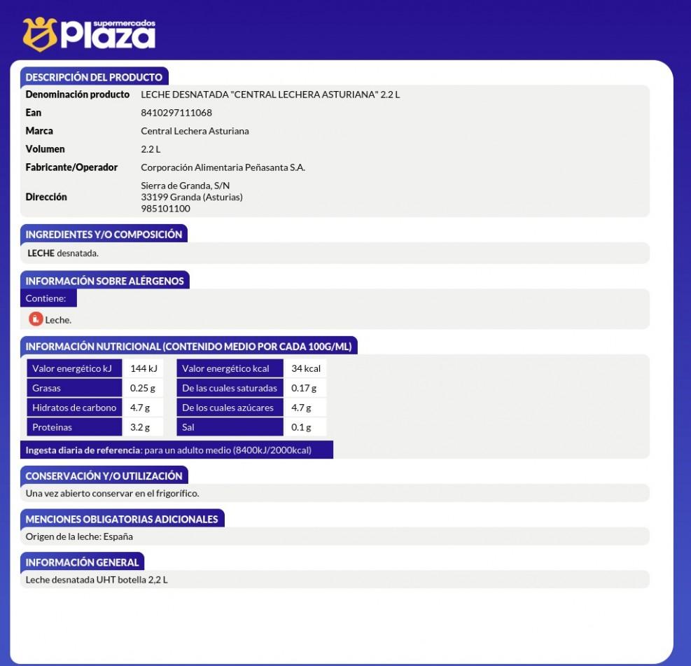 LECHE DESNATADA, 2,2L ASTURIANA