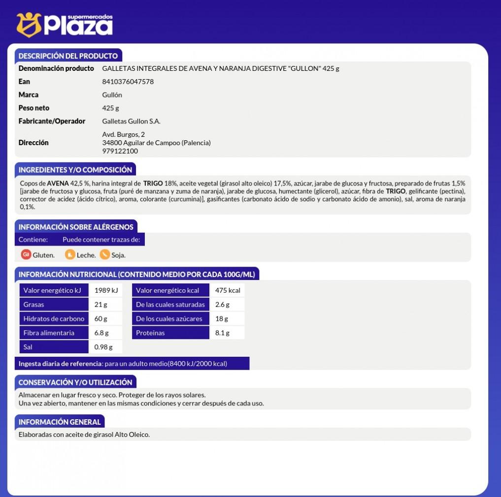 GALLETAS DIGESTIVA AVENA NARANJA, 425GR GULLON