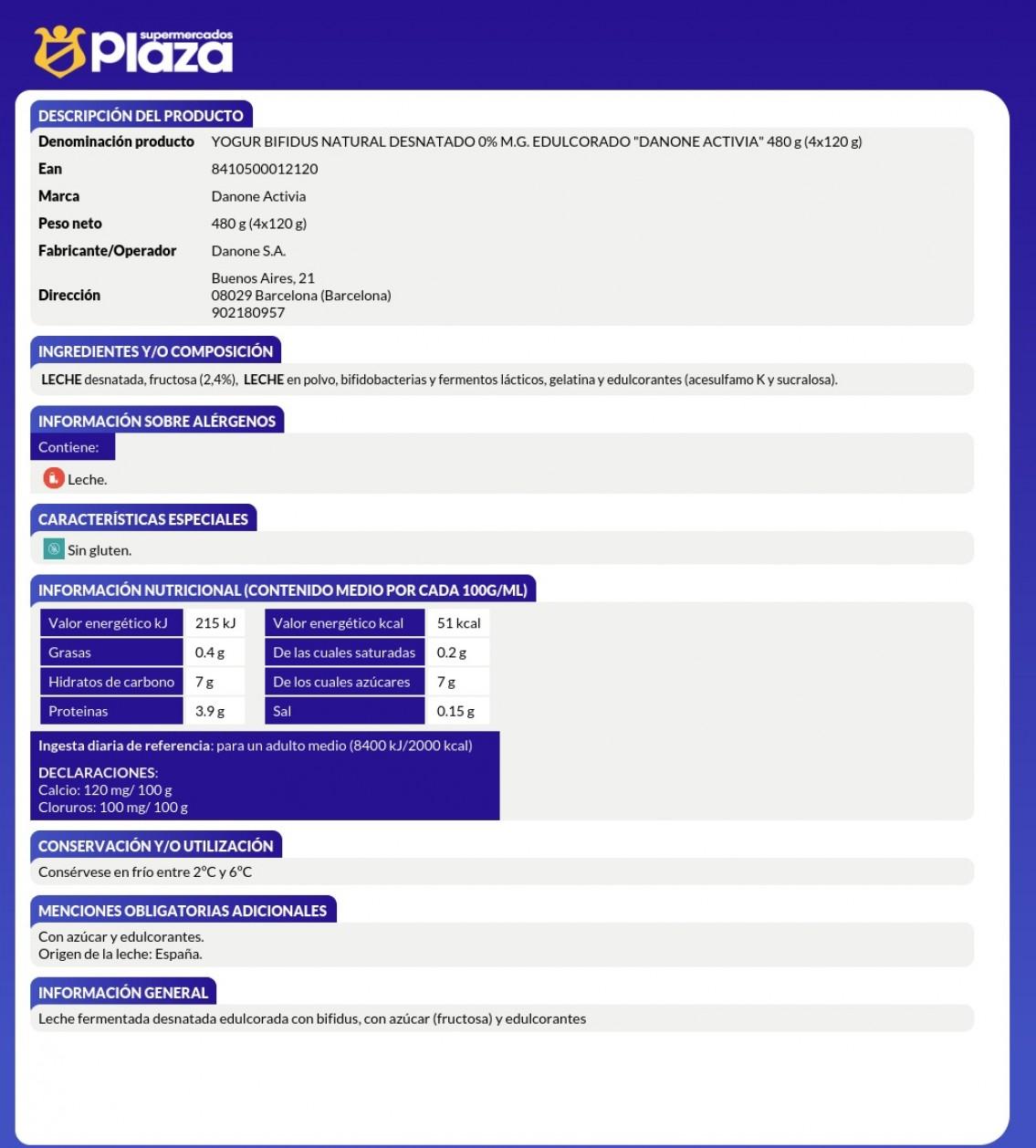 BÍFIDUS NATURAL DESNATADO 0% M.G, P4X120 G ACTIVIA