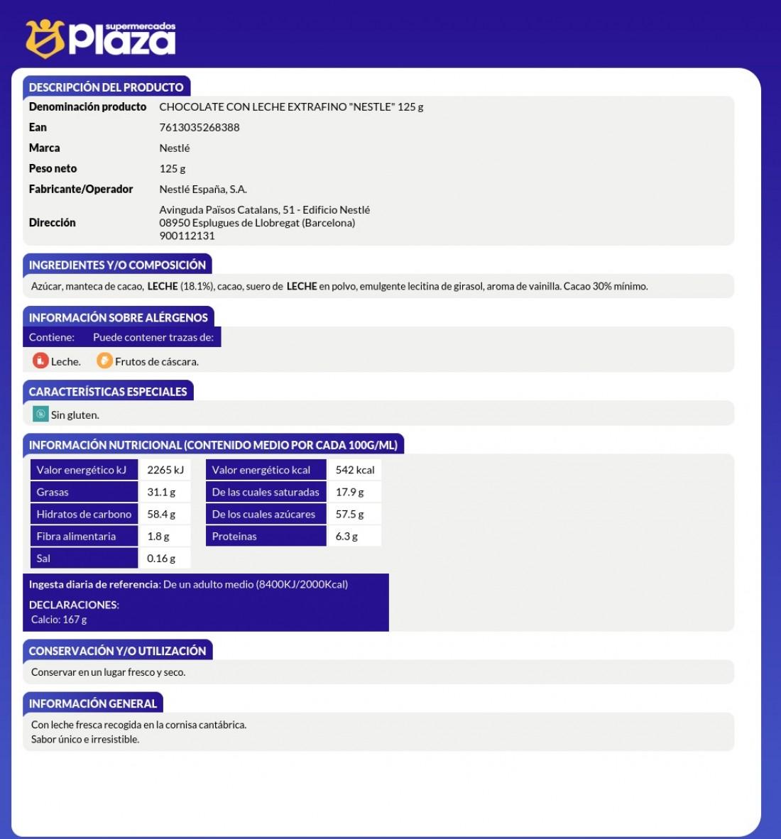 CHOCOLATE CON LECHE EXTRAFINO, 125GR NESTLE