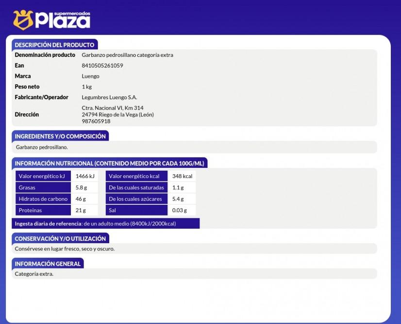 GARBANZO PEDROSILLANO, 1KG LEGUMBRES LUENGO