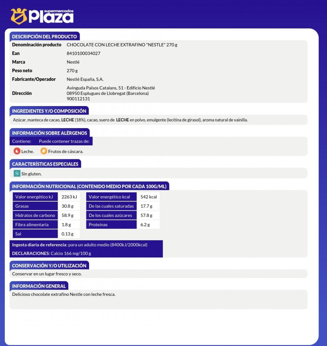 CHOCOLATE CON LECHE EXTRAFINO, 270GR NESTLE