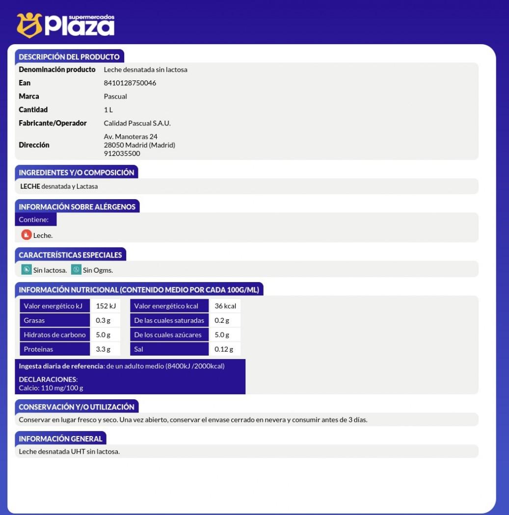 LECHE DESNATADA SIN LACTOSA, 1L PASCUAL