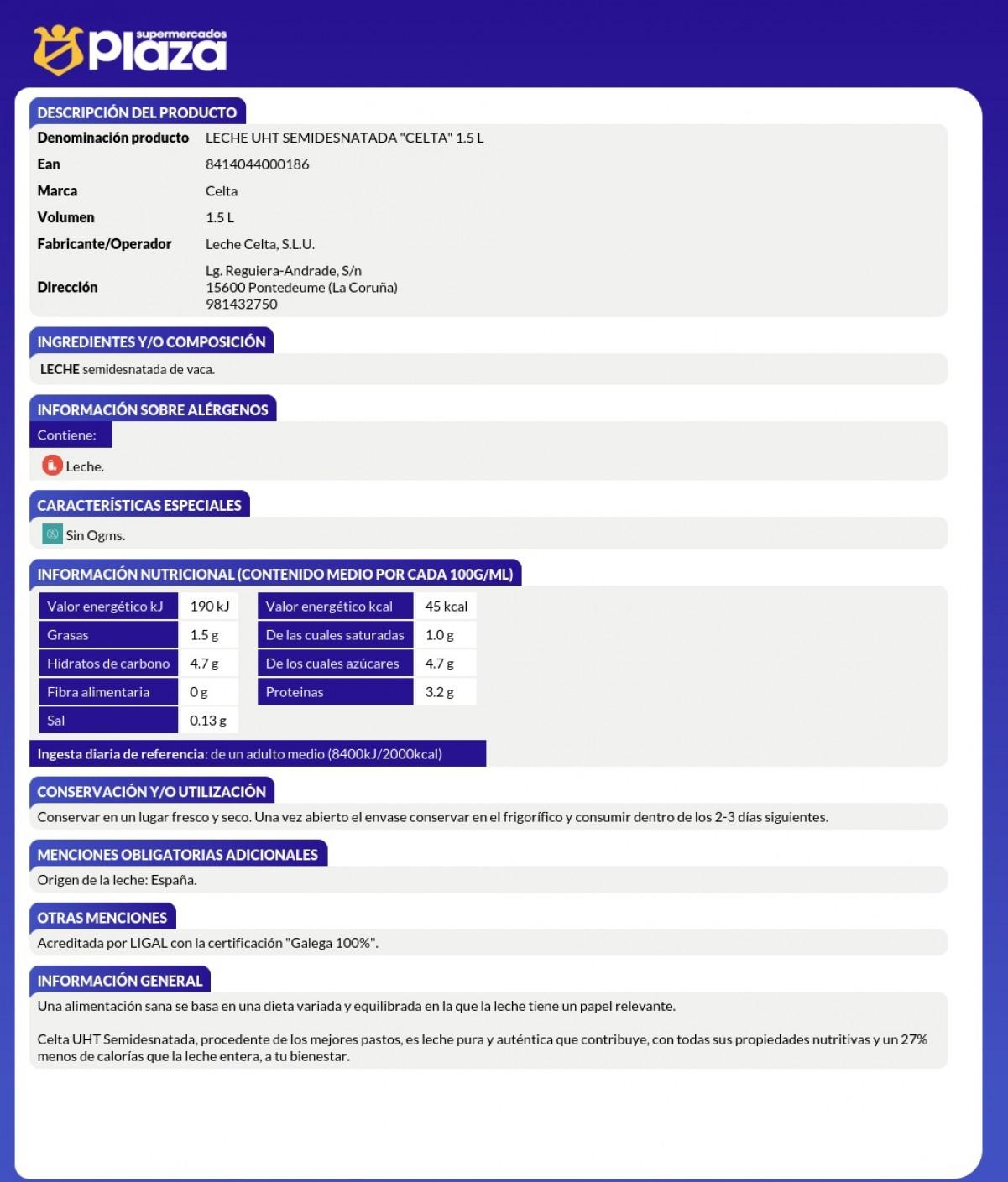 LECHE SEMIDESNATADA, 1,5L CELTA