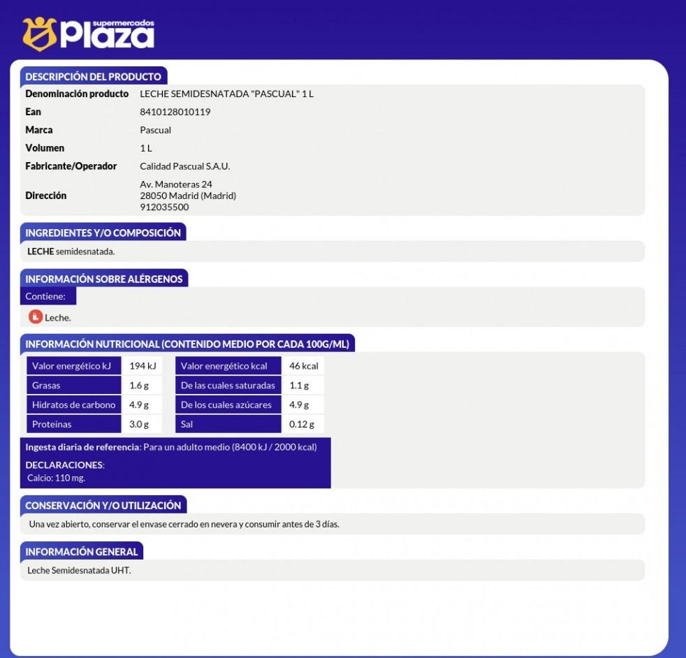 LECHE SEMIDESNATADA, 1L PASCUAL