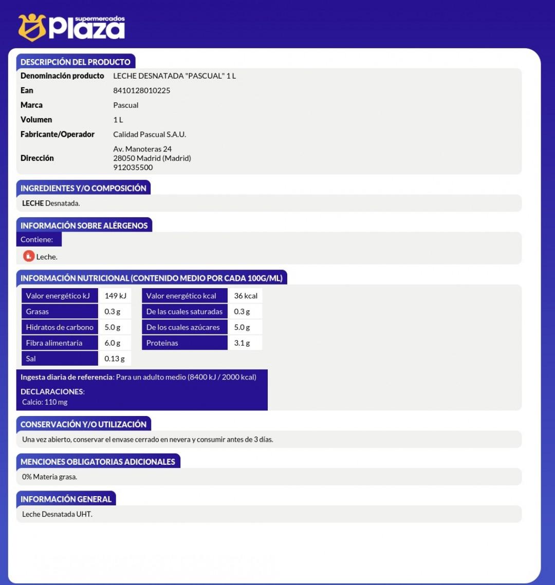 LECHE DESNATADA, 1L PASCUAL