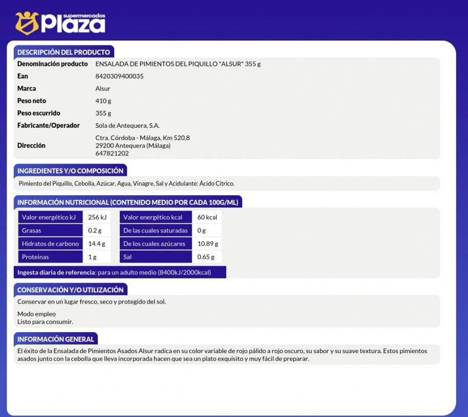 ENSALADA DE PIMIENTO, 355GR ALSUR