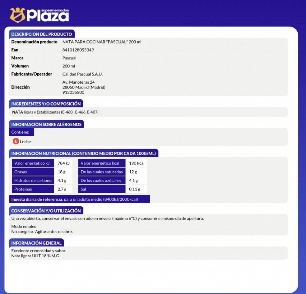 NATA LIGERA 18% M.G., 200ML PASCUAL