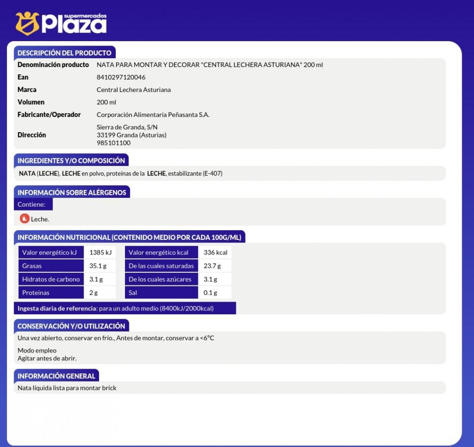 NATA PARA MONTAR 38% M.G., 200ML ASTURIANA