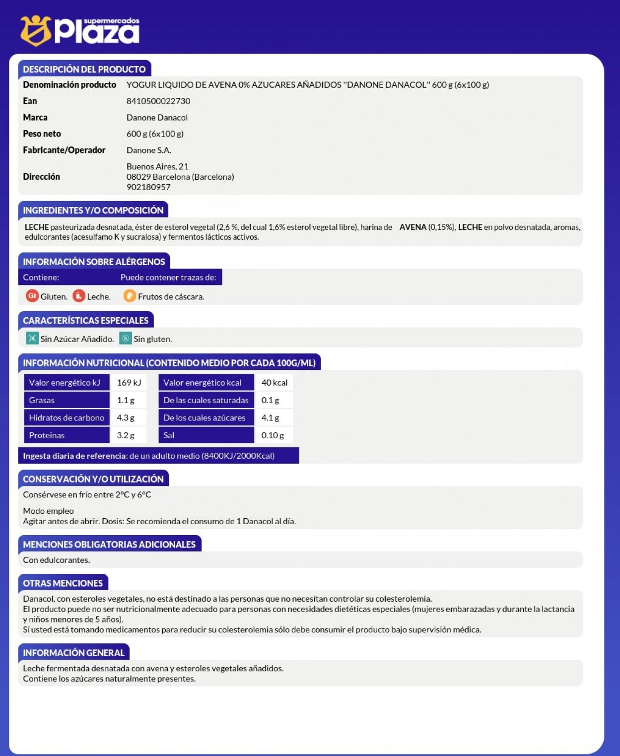 DANACOL DE AVENA 0%, 6X100GR DANONE