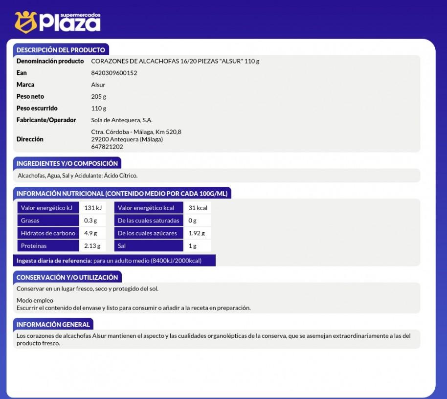 CORAZONES DE ALCACHOFA 15/20, 160GR ALSUR