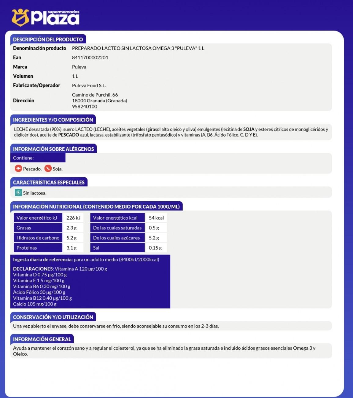 OMEGA 3 SIN LACTOSA, 1L PULEVA