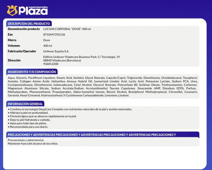 LECHE CORPORAL HIDRATANTE PIEL NORMAL400 DOVE