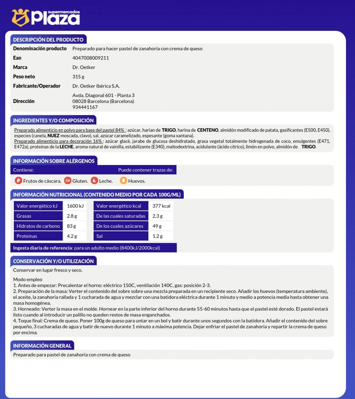 PASTEL DE ZANAHORIA, 315GR DR OETKER