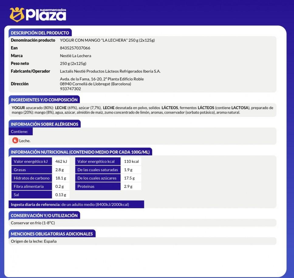 YOGUR CON MANGO, 2X125G LA LECHERA