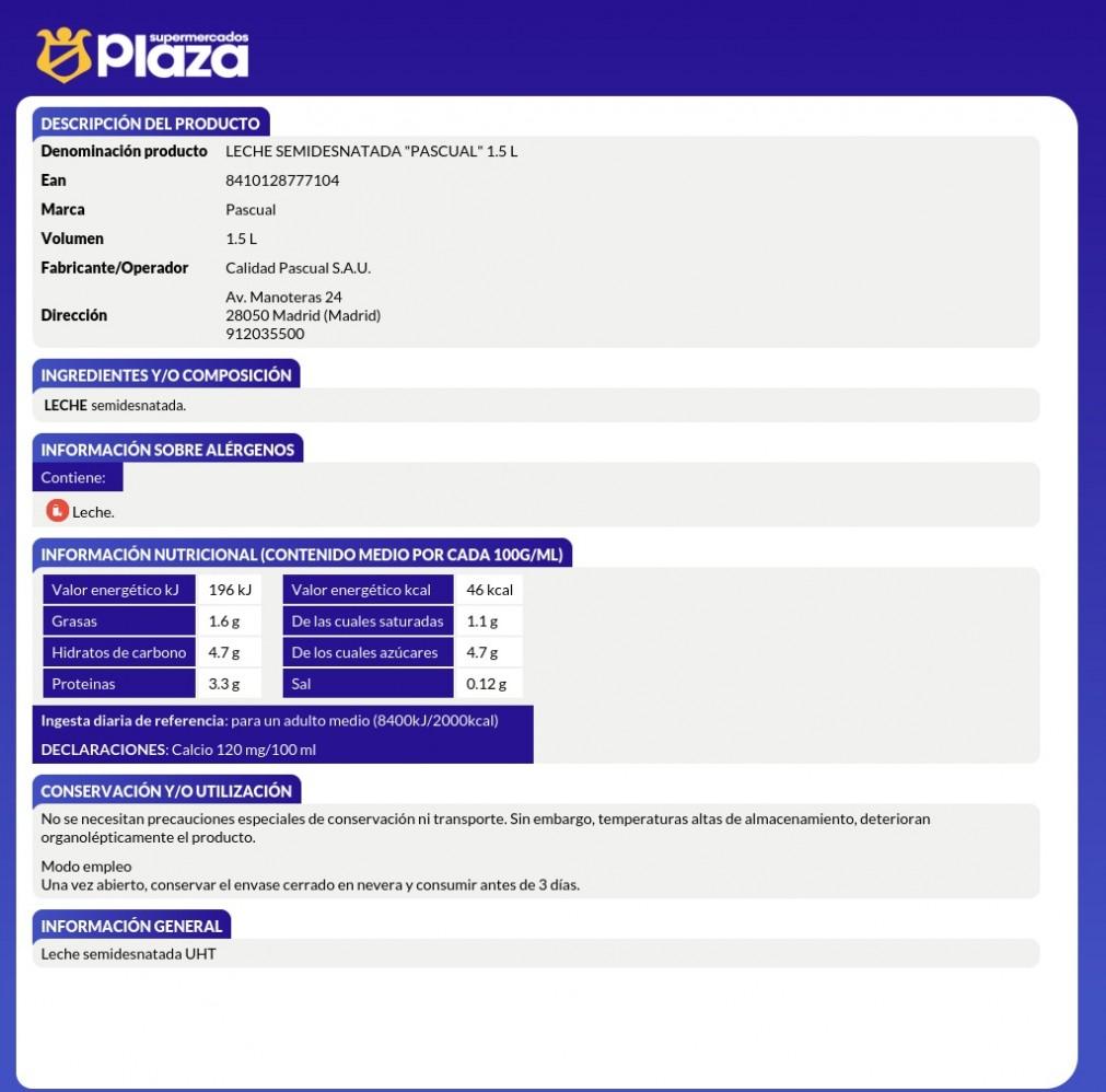 LECHE SEMIDESNATADA, 1,5L PASCUAL