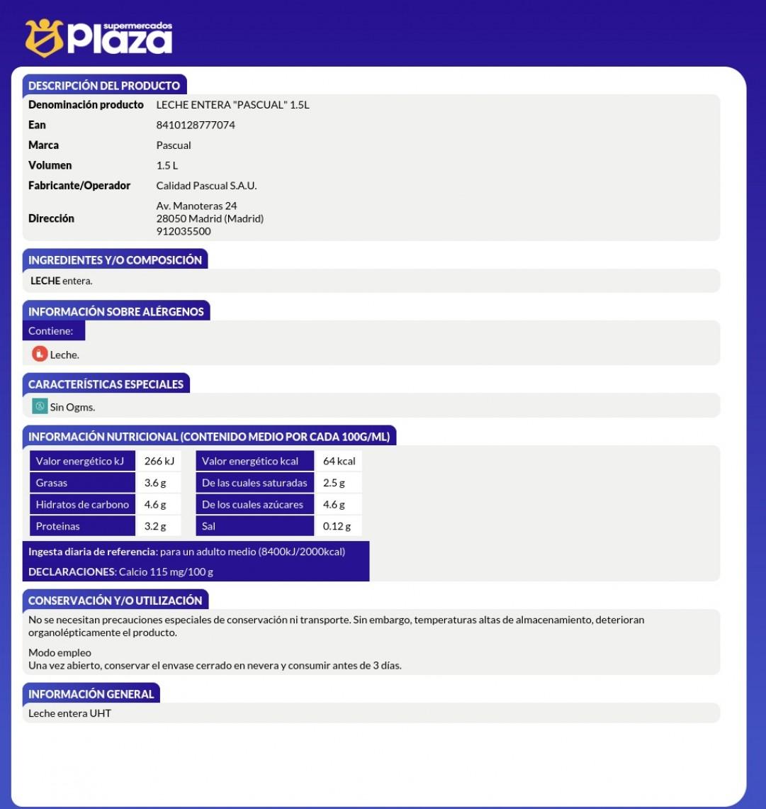 LECHE ENTERA, 1,5L PASCUAL