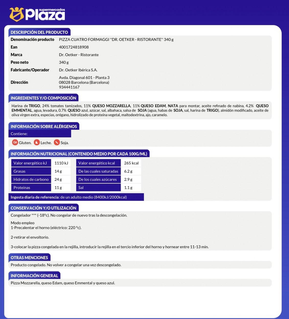 RISTORANTE PIZZA QUATTRO FORMAGGI , 340G DR OETKER