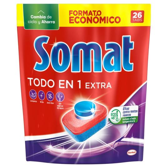 DETERGENTE LAVAVAJILLAS TODO EN 1, 26PASTILLAS SOMAT