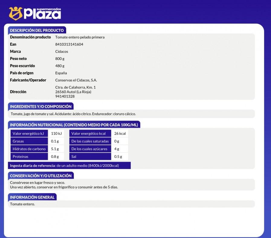 TOMATE NATURAL, 480GR CIDACOS
