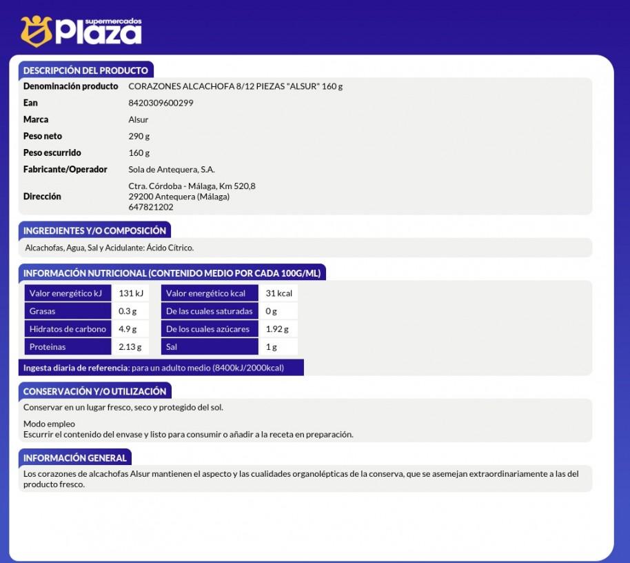 CORAZONES DE ALCACHOFA, 190GR ALSUR