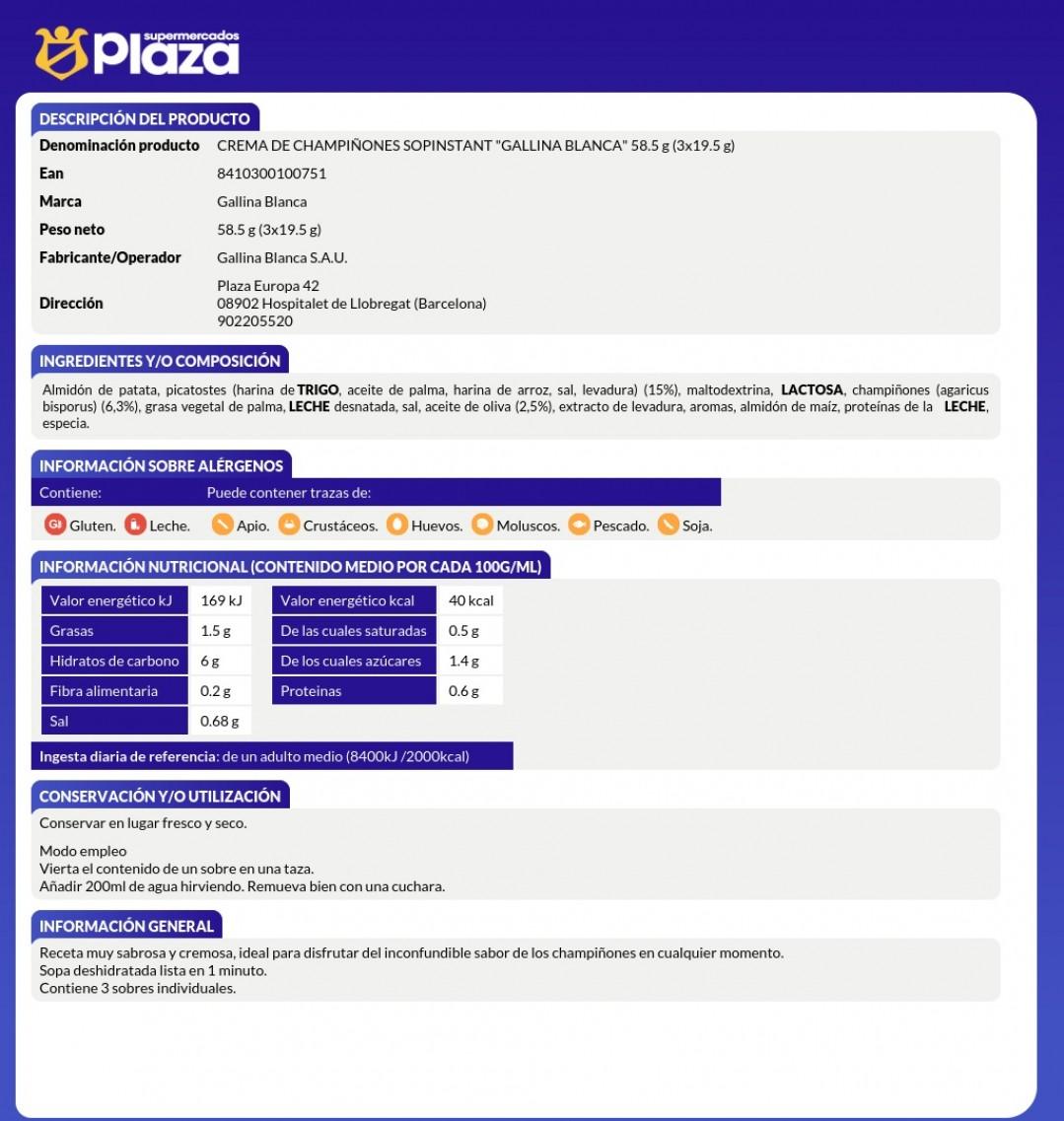 CREMA DE CHAMPIÑONES SOPISTANT, 57GR GALLINA BLANCA