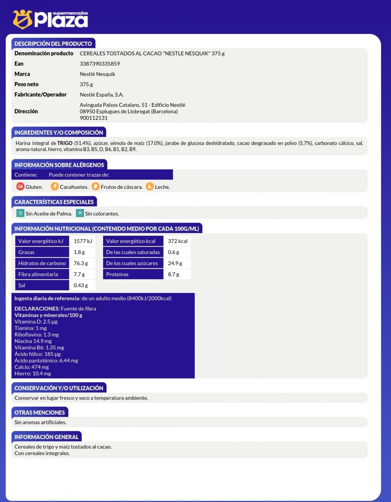 CEREALES NESQUIK, 375GR NESTLE