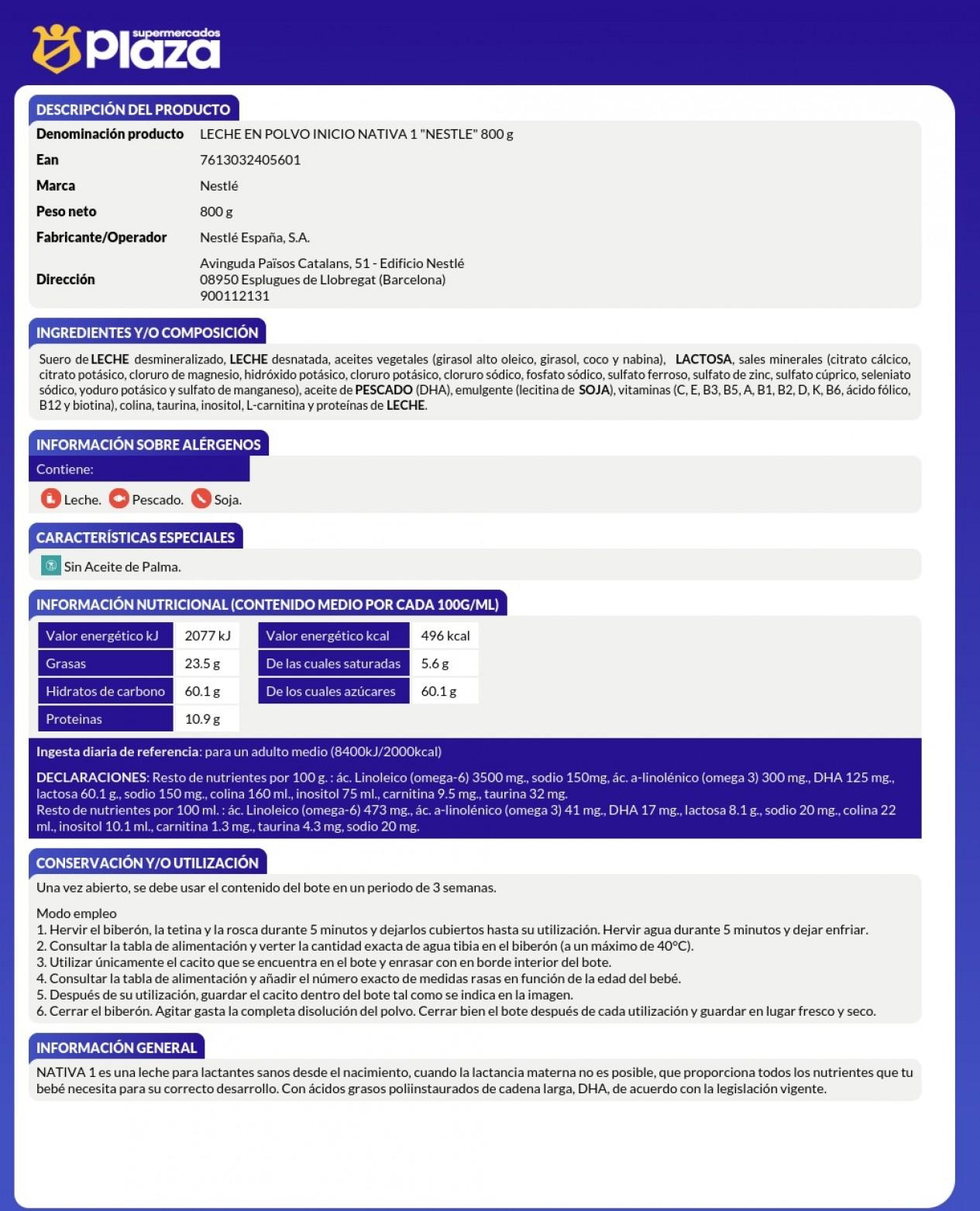 LECHE INTANTIL NATIVA 1, 800GR NESTLE