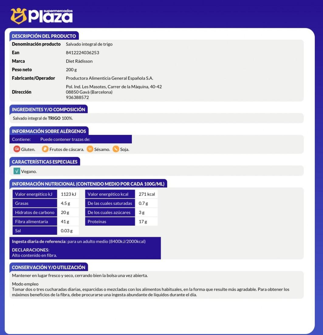 SALVADO DE TRIGO INTEGRAL , 200G PAGESA