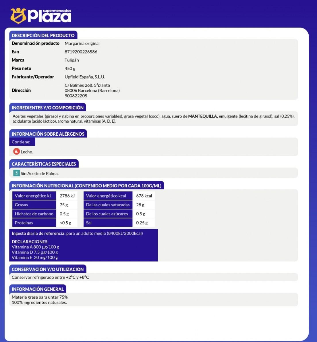 MARGARINA SIN ACEITE DE PALMA 400G TULIPÁN