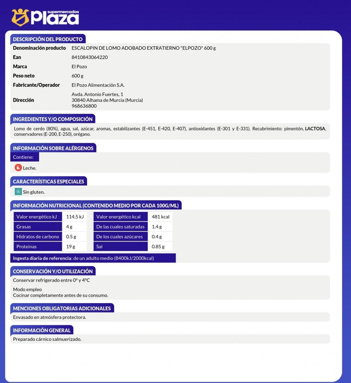 ESCALOPIN LOMO ADOBADO EXTRATIERNO , 600G EL POZO