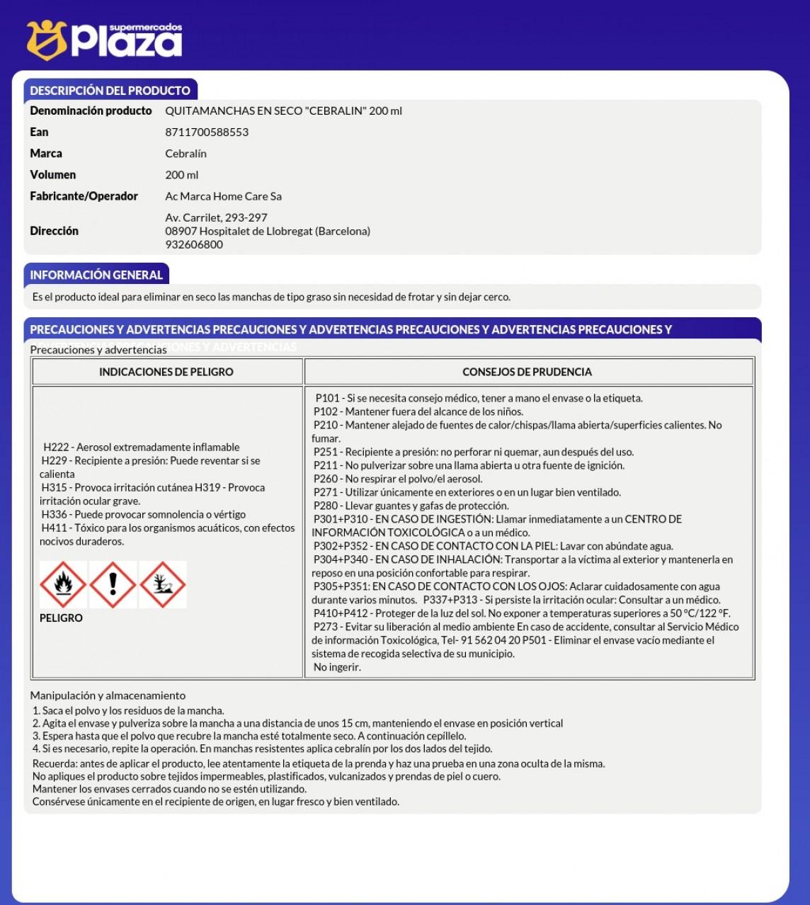 QUITAMANCHAS EN SECO SIN CERCO, 200ML CEBRALIN