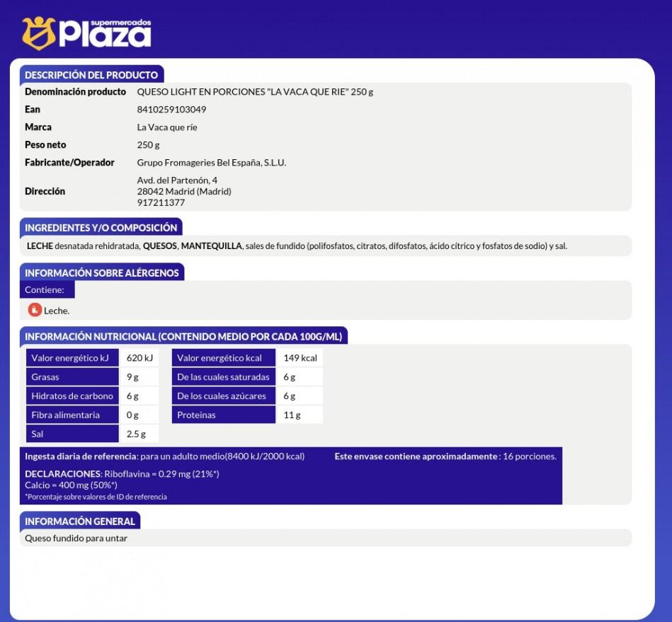 QUESITOS PORCIONES LIGHT 12P , 250G VACA QUE RIE