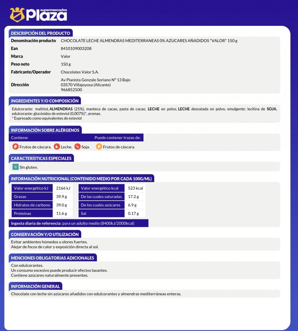 CHOCOLATE LECHE Y ALMEND. S/AZUCAR,150GR VALOR