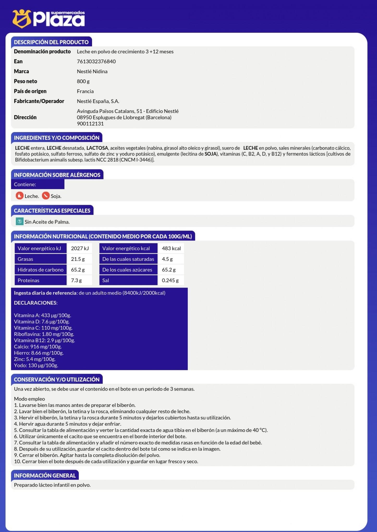 LECHE PREMIUM NIDINA 3, 800GR NESTLE