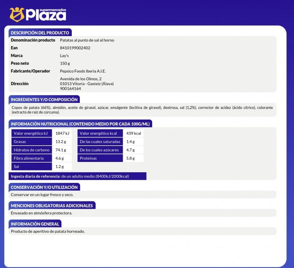 PATATAS FRITAS AL HORNO, 150GR LAYS