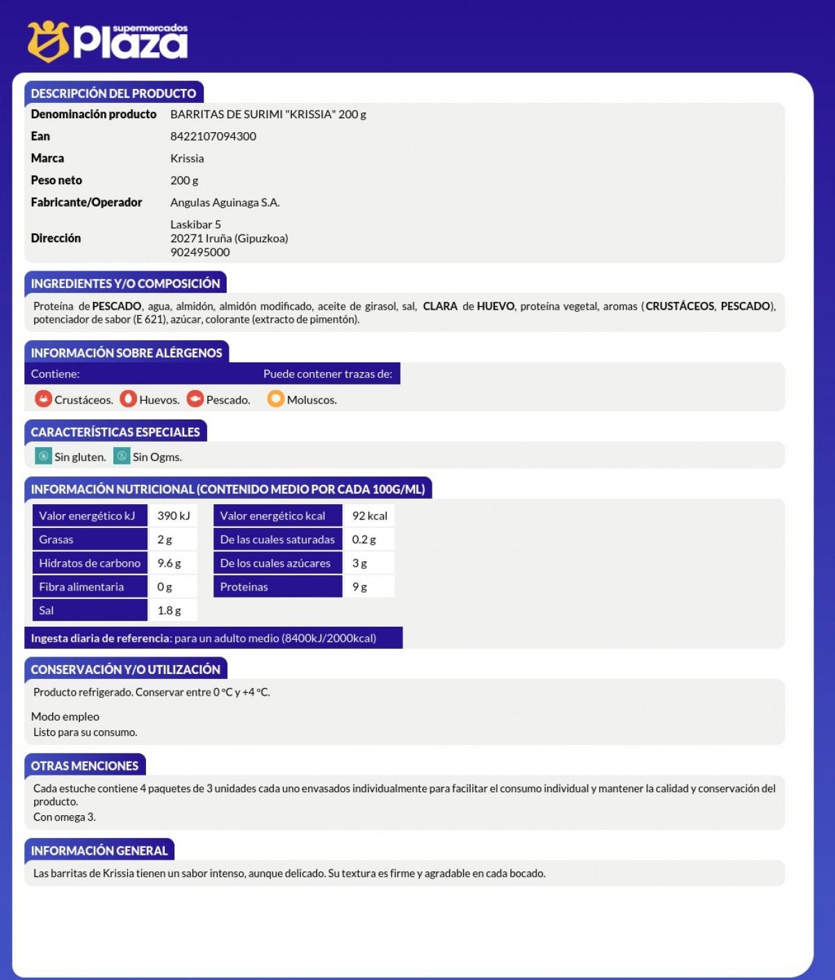 SURIMI EN BARRITAS 12UND, 180 GR -R- KRISSIA