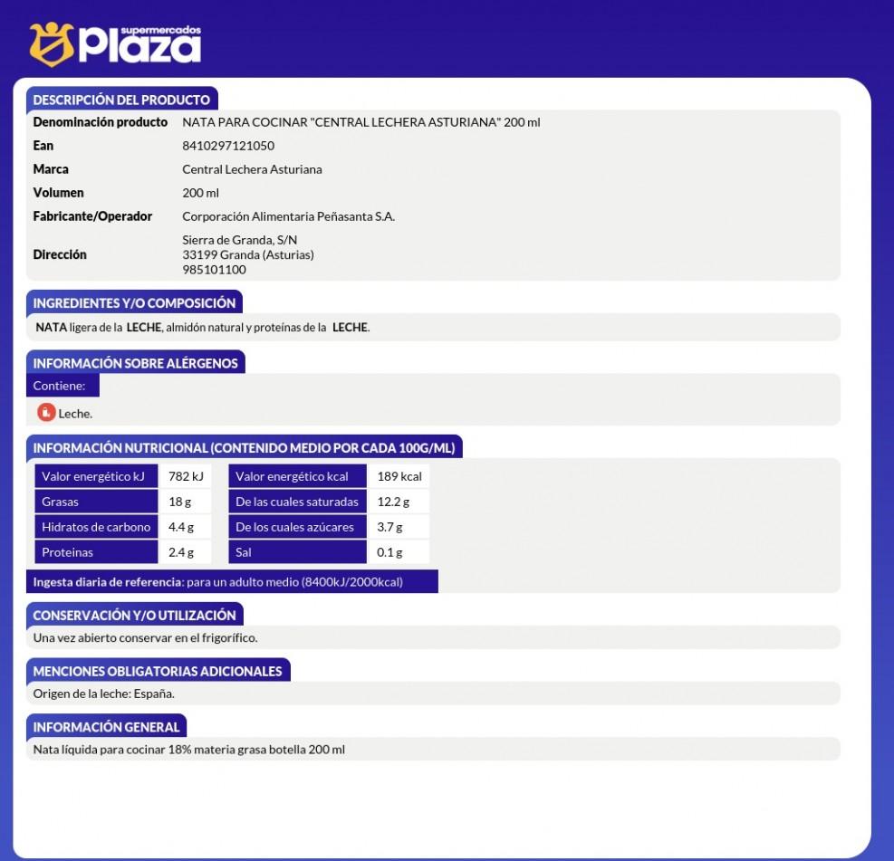 NATA PARA COCINAR 18MG, 200ML ASTURIANA