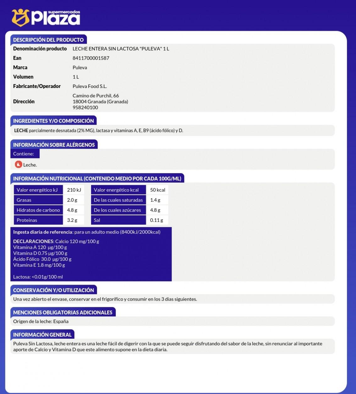 LECHE ENTERA SIN LACTOSA, 1L PULEVA