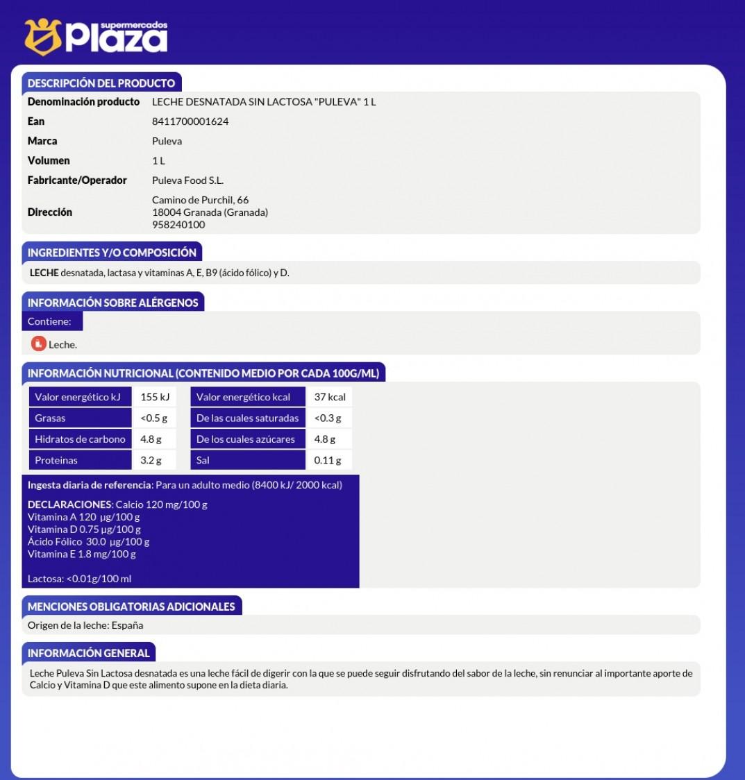 LECHE DESNATADA SIN LACTOSA, 1L PULEVA