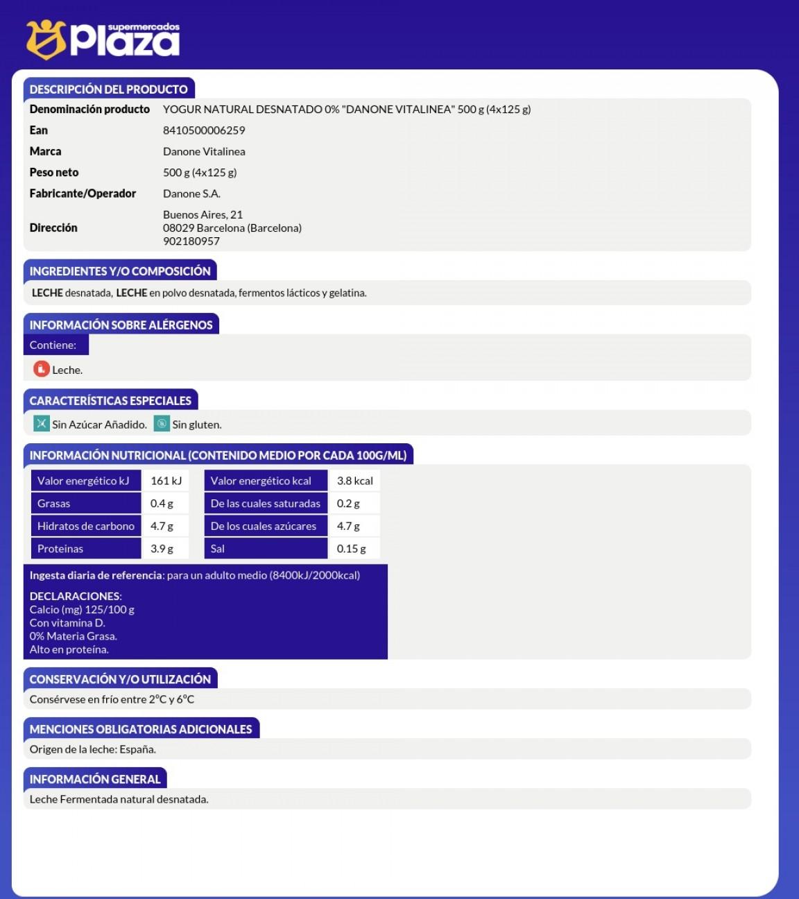 VITALINEA NATURAL 0%, 4X120GR DANONE