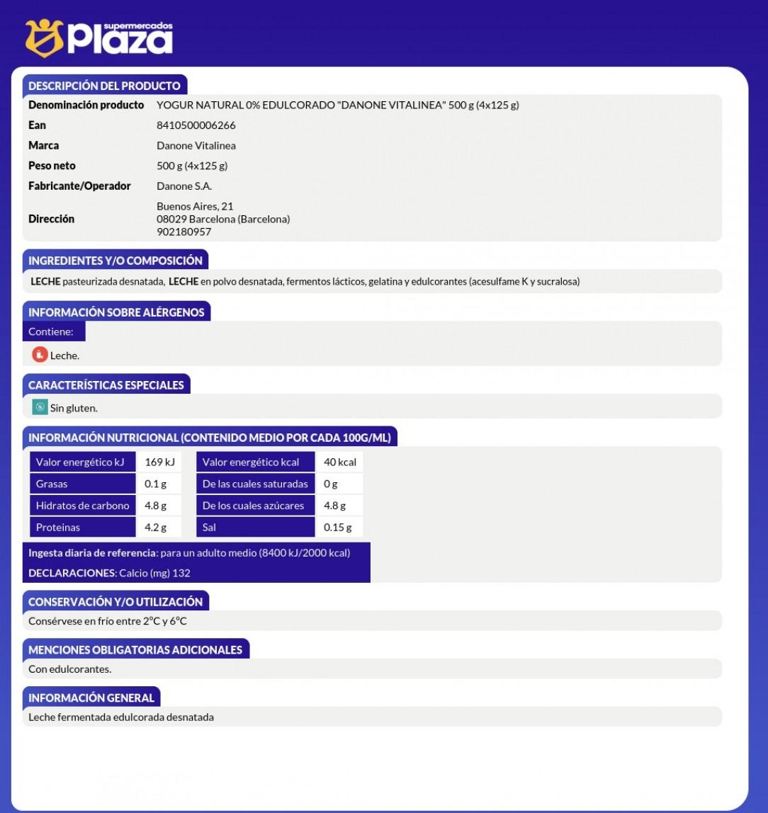 VITALINEA NATURAL EDULCORADO, 4X120GR DANONE