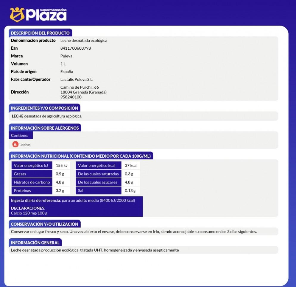 LECHE DESNATADA ECOLOGICA, 1L PULEVA