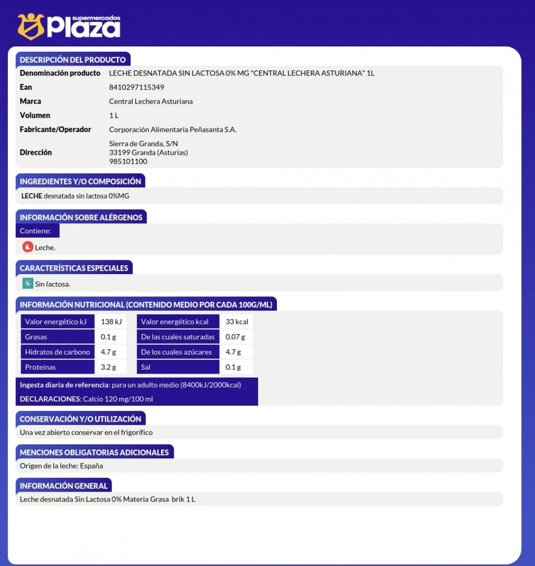 LECHE SIN LACTOSA 0% M.GRASA, 1L ASTURIANA