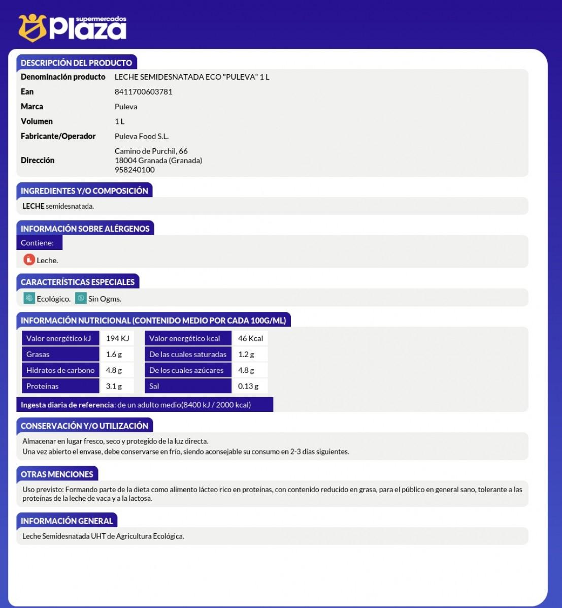 LECHE SEMIDESNATADA ECOLOGICA, 1L PULEVA