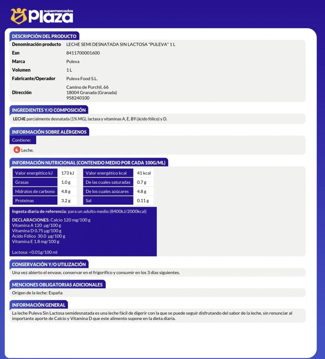 LECHE SEMIDESNATADA SIN LACTOSA, 1L PULEVA