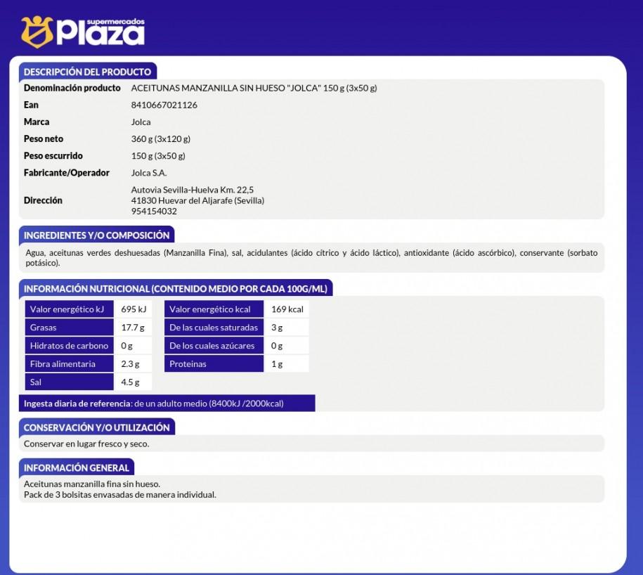 ACEITUNAS MANZANILLA SIN HUESO, 3X50GR JOLCA