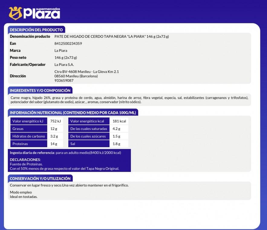 PATE -50% GRASA, 2X73GR LA PIARA