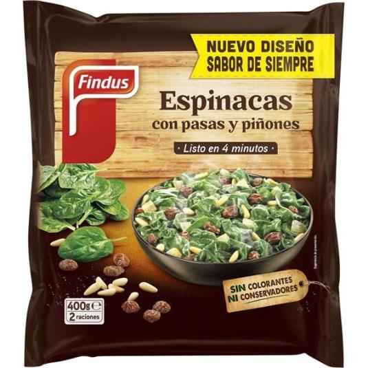 ESPINACAS CON PASAS Y PIÑONES,400G FINDUS 